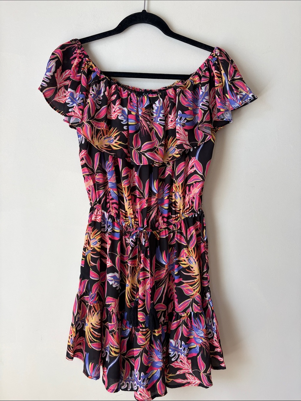 Off-Shoulder Tropical Print Romper in Black with Pink & Orange Florals